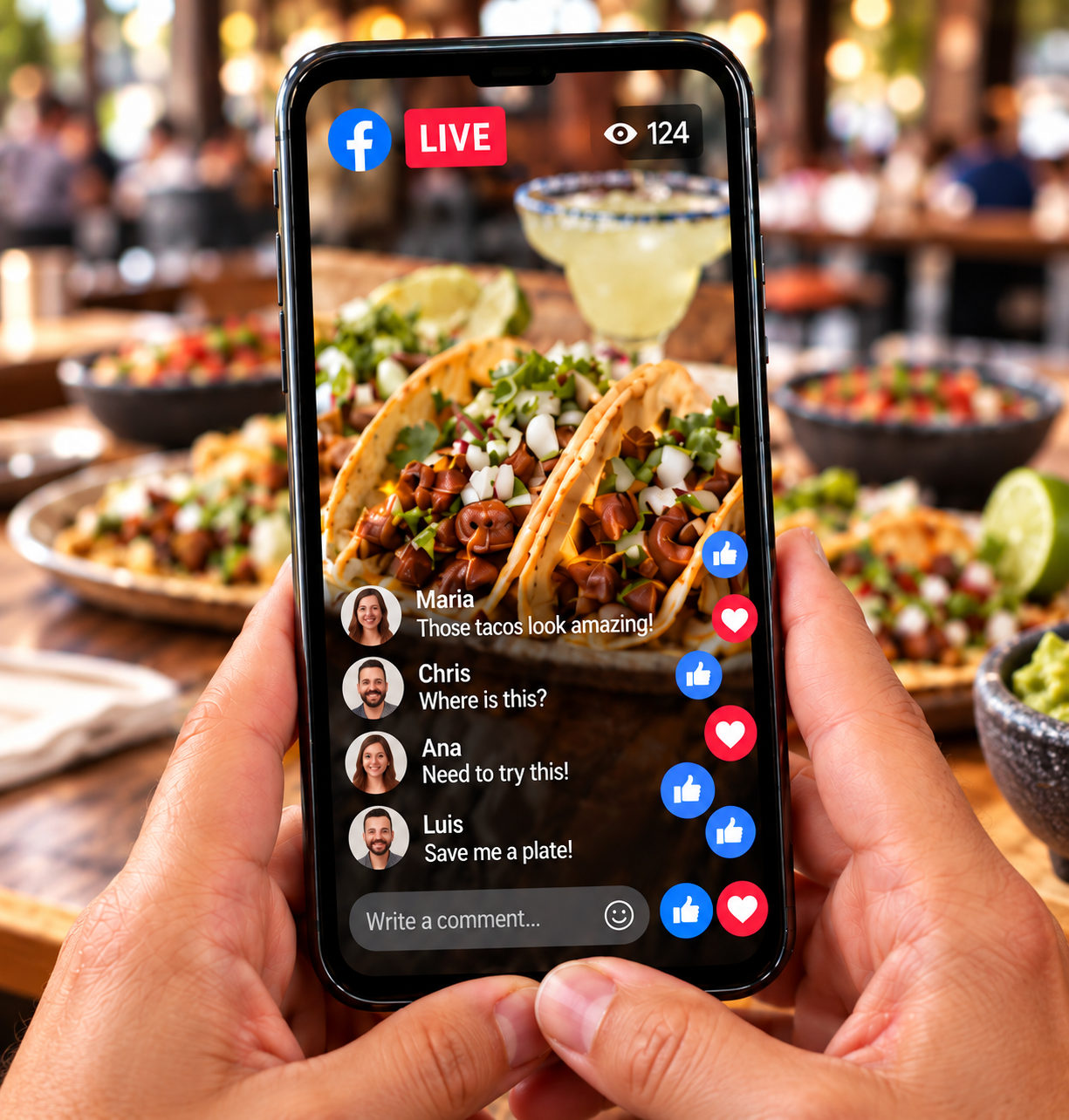 Illustrative social livestream of tacos, with viewer comments and reactions